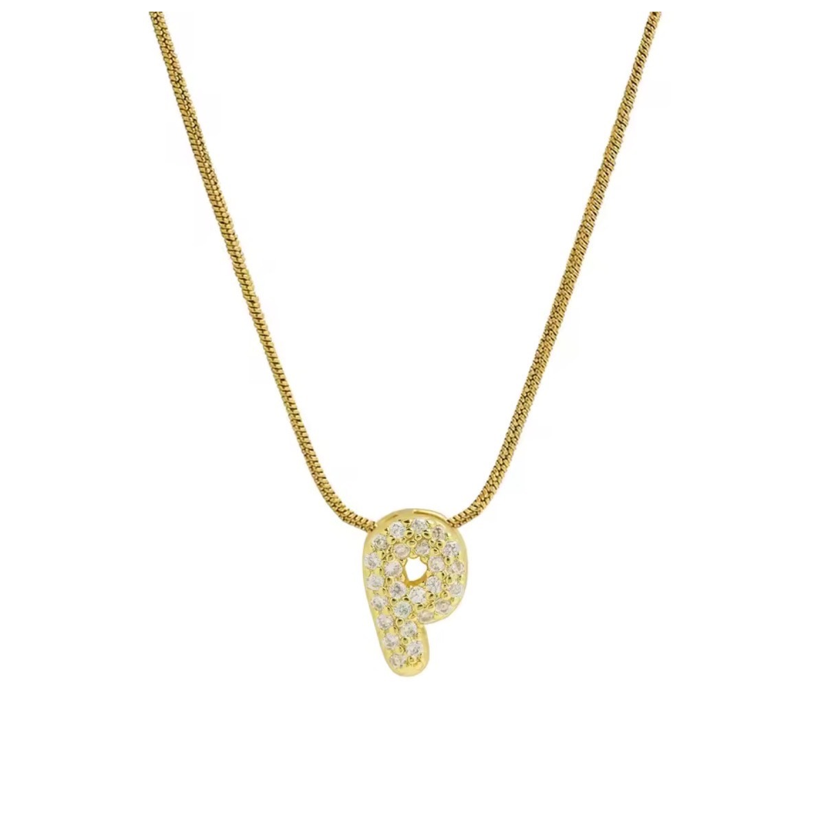 18k Gold Plated Bubble Initial P Pendant Necklace Cubic Zirconia Pave Jewelry